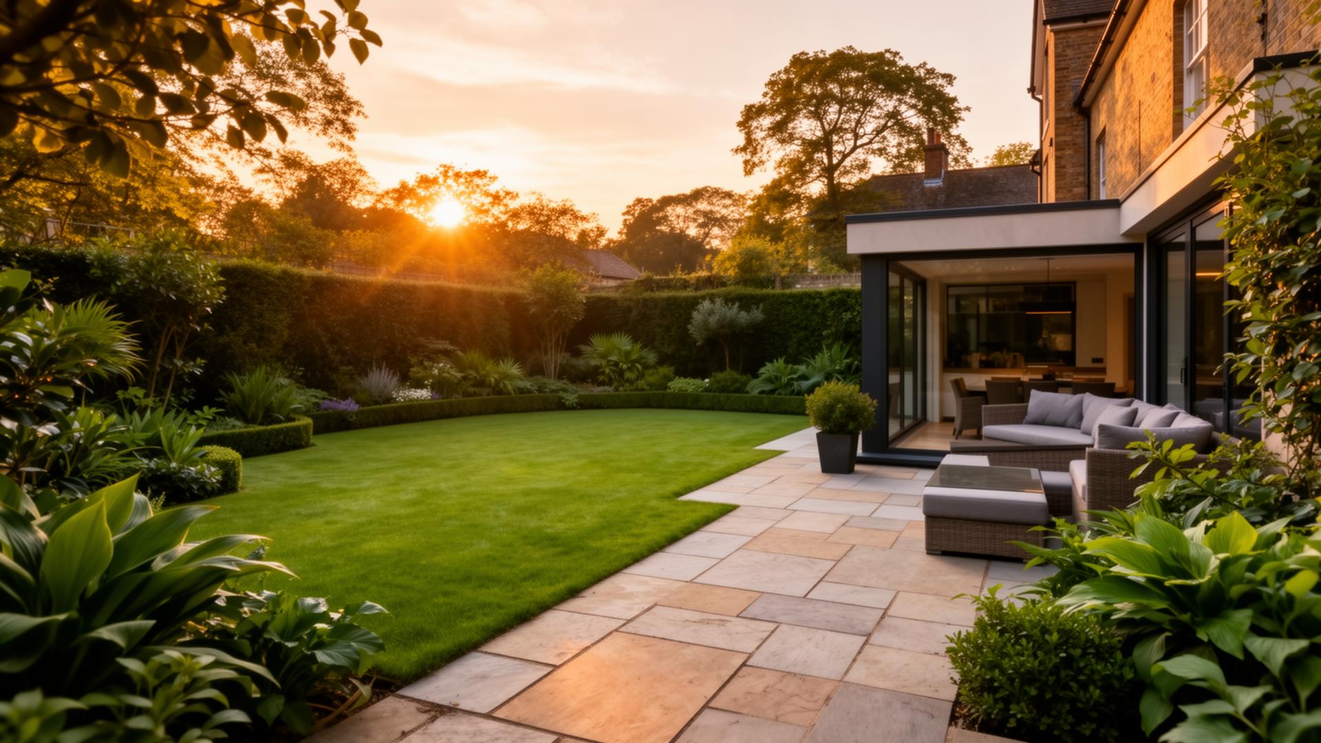 Beautifully landscaped Connecticut garden at golden hour